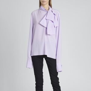 GIVENCHY Blouse in Mauve Purple Scarf Neck Bow Button Cuffs V Neck 100% Silk